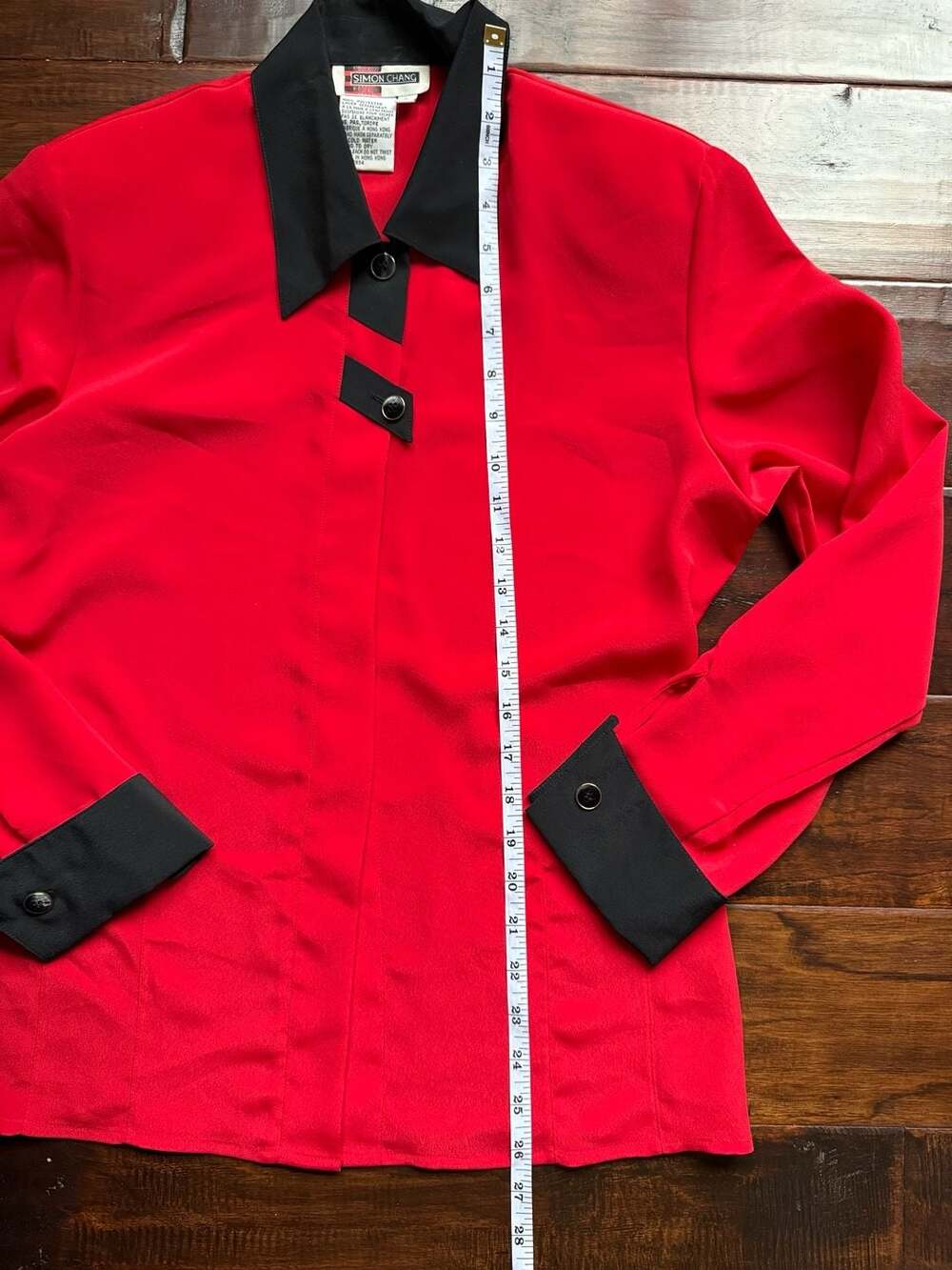 Vintage Simon Chang Red and Black Contrast Trim Long Sleeve Blouse Size 6 - Picture 5 of 6
